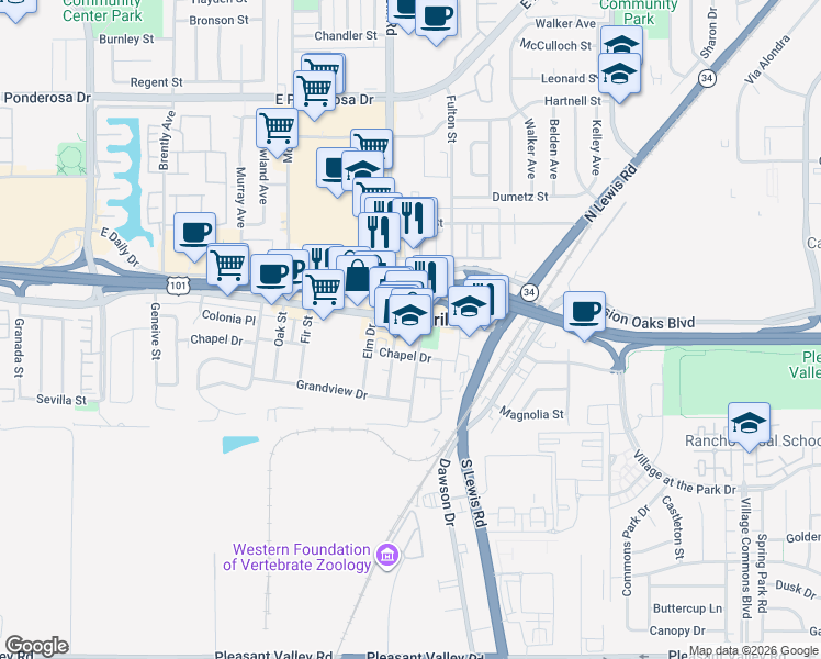 map of restaurants, bars, coffee shops, grocery stores, and more near 2315 Ventura Boulevard in Camarillo