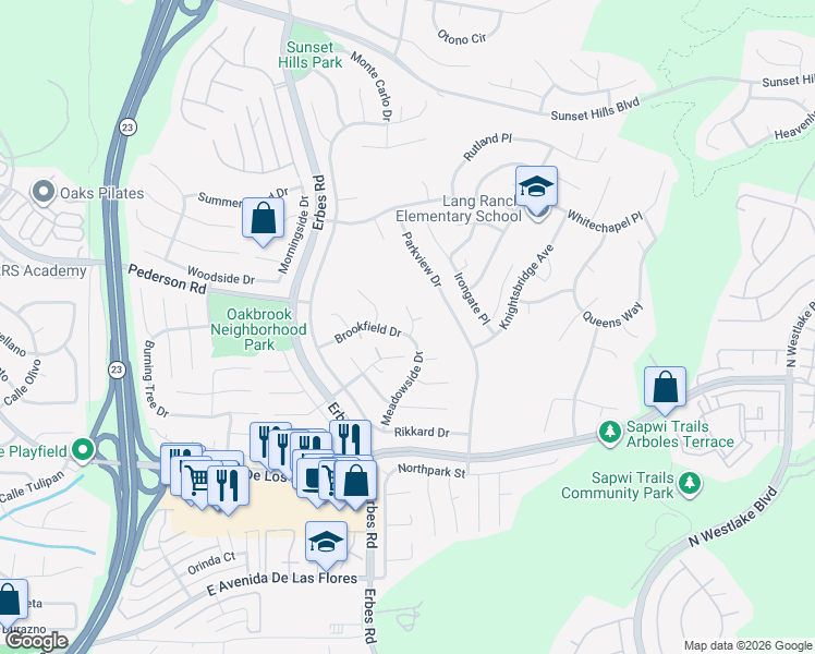 map of restaurants, bars, coffee shops, grocery stores, and more near 2762 Hilary Court in Thousand Oaks