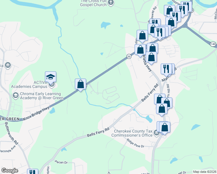 map of restaurants, bars, coffee shops, grocery stores, and more near 9212 Knox Bridge Highway in Canton