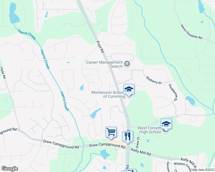 map of restaurants, bars, coffee shops, grocery stores, and more near 4595 Carriage Walk Lane in Cumming