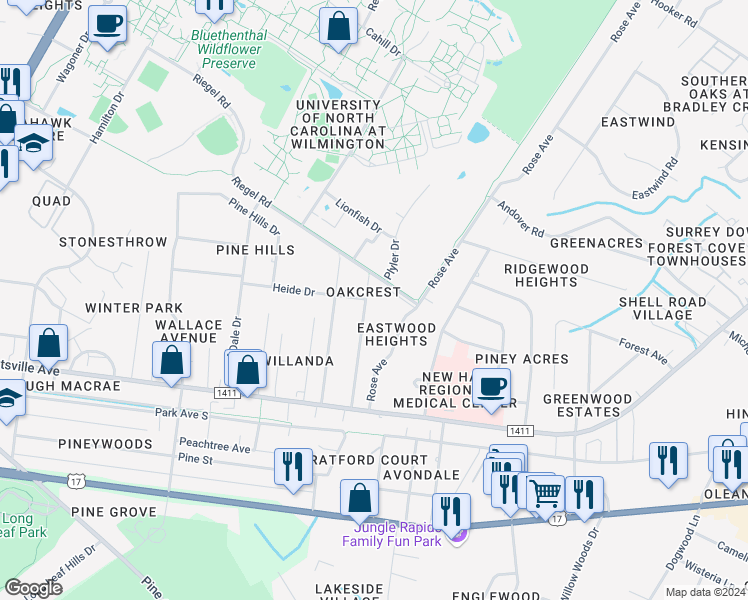 map of restaurants, bars, coffee shops, grocery stores, and more near 240 Oakcrest Drive in Wilmington