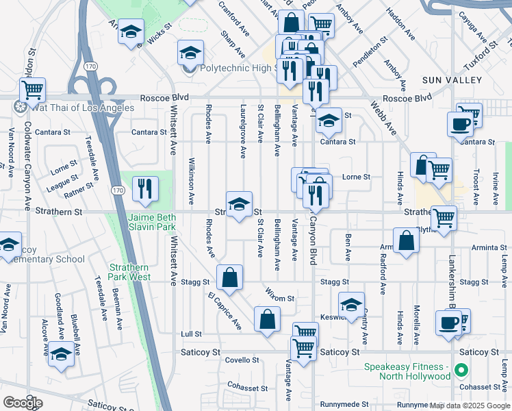 map of restaurants, bars, coffee shops, grocery stores, and more near 8018 Saint Clair Avenue in Los Angeles