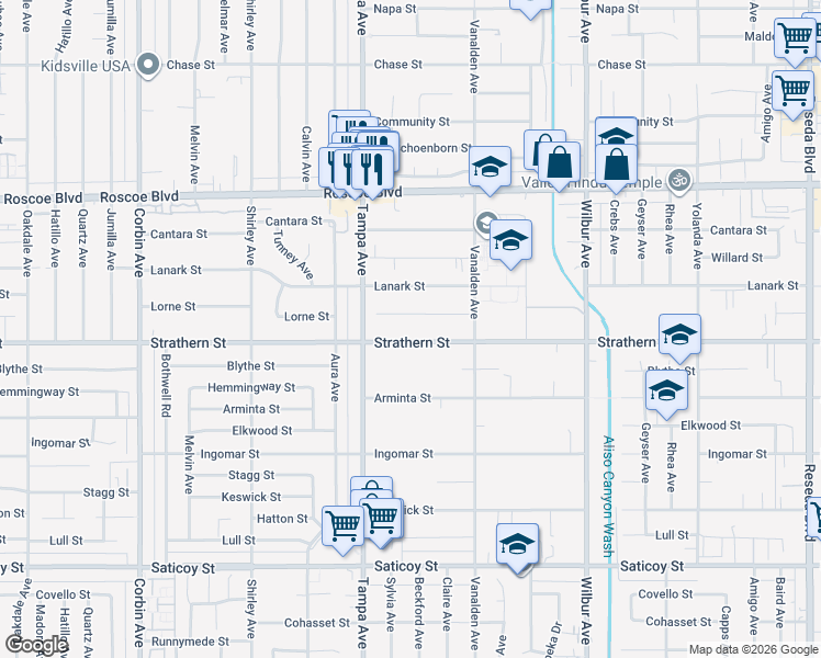 map of restaurants, bars, coffee shops, grocery stores, and more near 19211 Strathern Street in Los Angeles