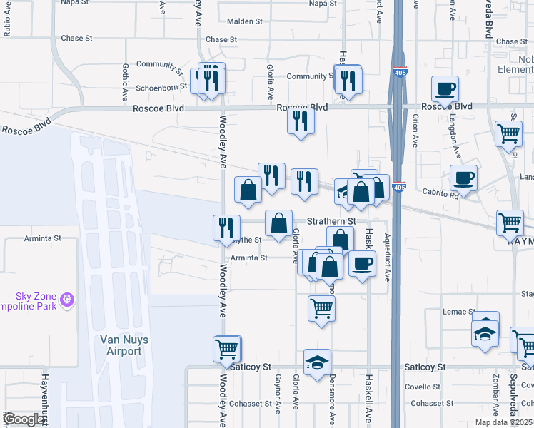 map of restaurants, bars, coffee shops, grocery stores, and more near 15955 Strathern Street in Los Angeles