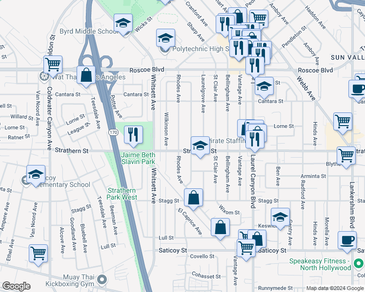 map of restaurants, bars, coffee shops, grocery stores, and more near 8006 Rhodes Avenue in Los Angeles