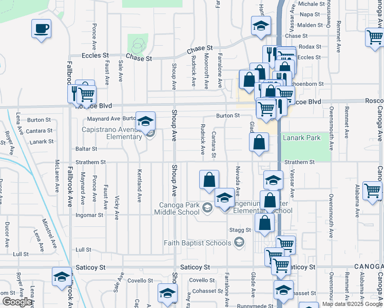map of restaurants, bars, coffee shops, grocery stores, and more near 22322 Baltar Street in Los Angeles