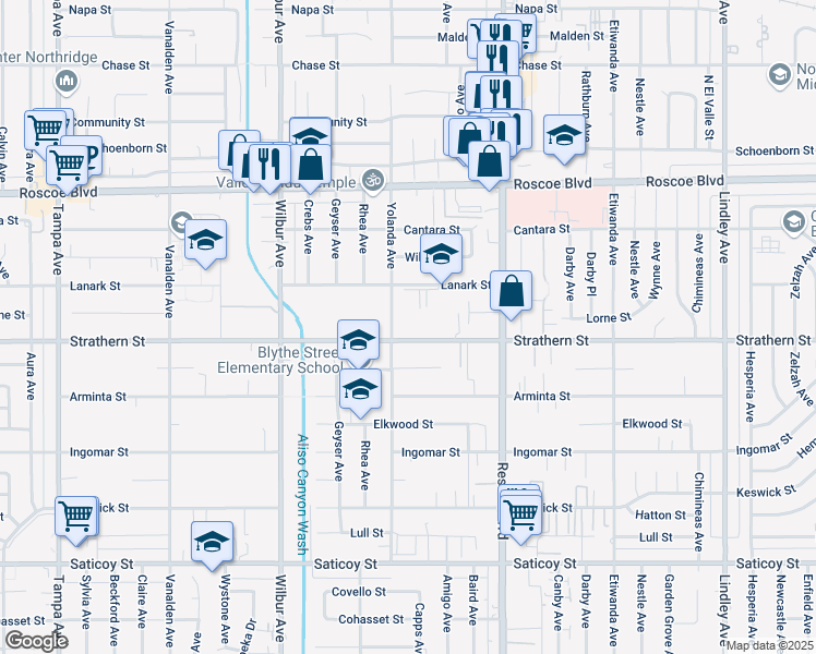 map of restaurants, bars, coffee shops, grocery stores, and more near 18643 Strathern Street in Los Angeles