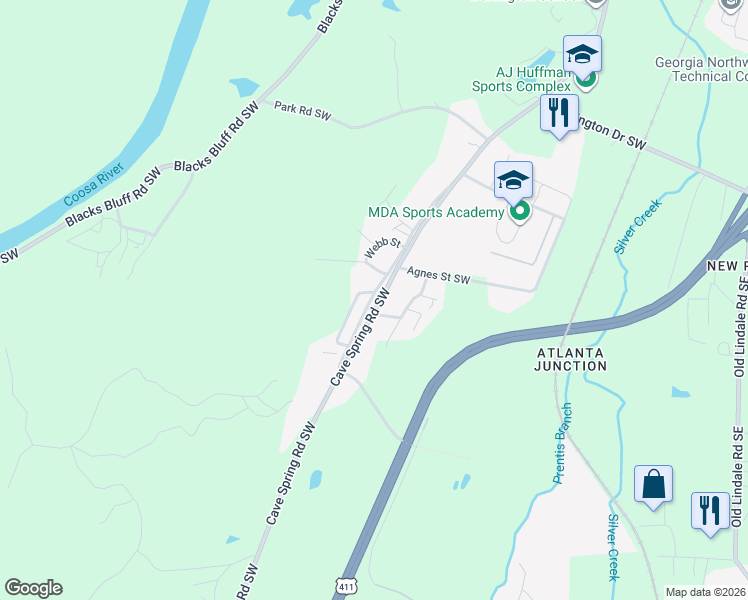 map of restaurants, bars, coffee shops, grocery stores, and more near 1404 Cave Spring Road Southwest in Rome