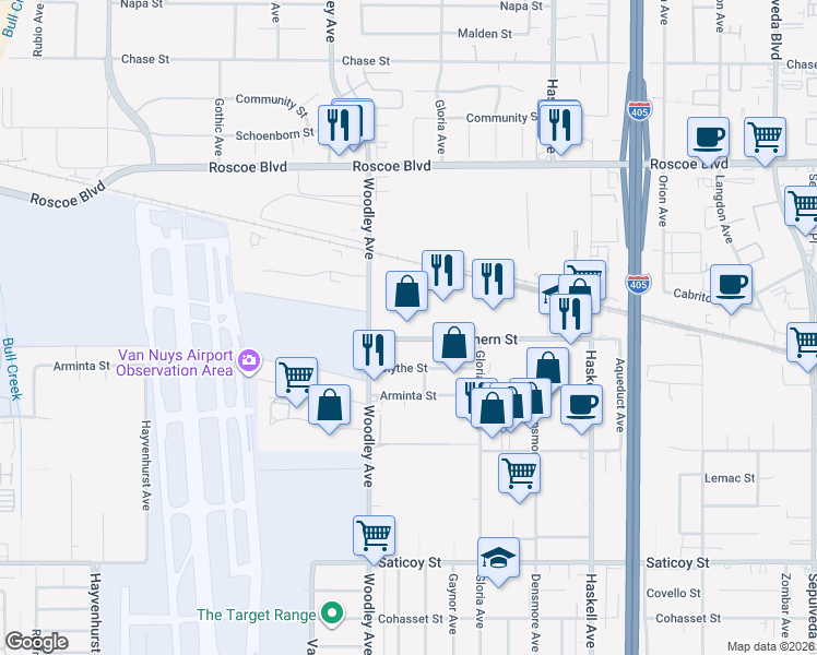 map of restaurants, bars, coffee shops, grocery stores, and more near 8000 Woodley Avenue in Los Angeles