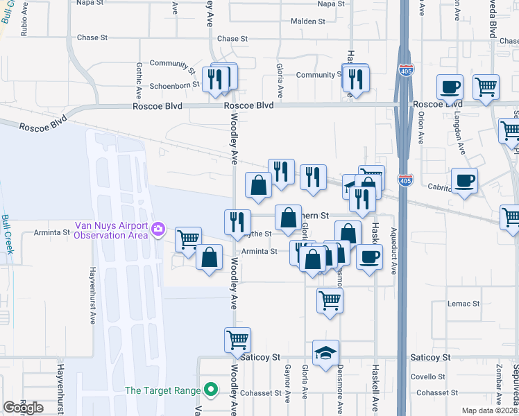 map of restaurants, bars, coffee shops, grocery stores, and more near 8000 Woodley Avenue in Los Angeles