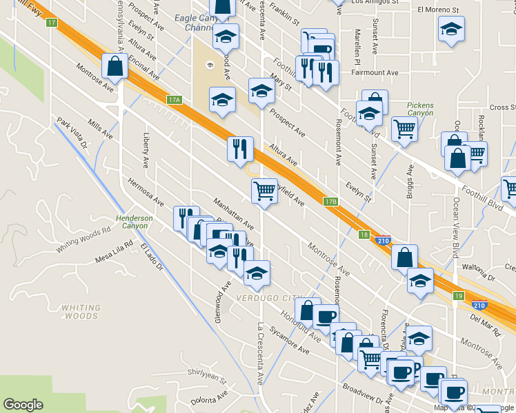 map of restaurants, bars, coffee shops, grocery stores, and more near in Glendale