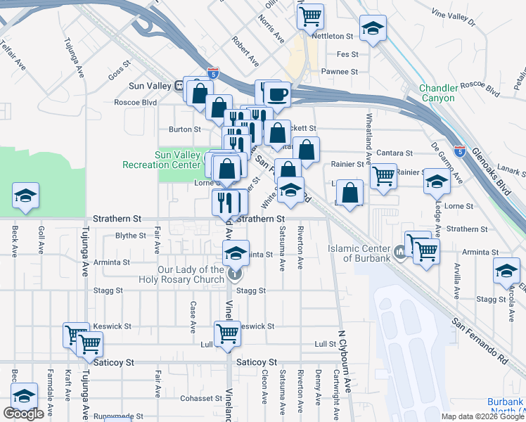 map of restaurants, bars, coffee shops, grocery stores, and more near 10849 White Street in Los Angeles