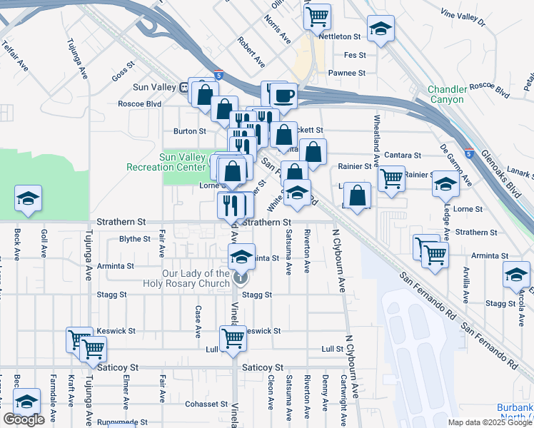 map of restaurants, bars, coffee shops, grocery stores, and more near 10849 White Street in Los Angeles