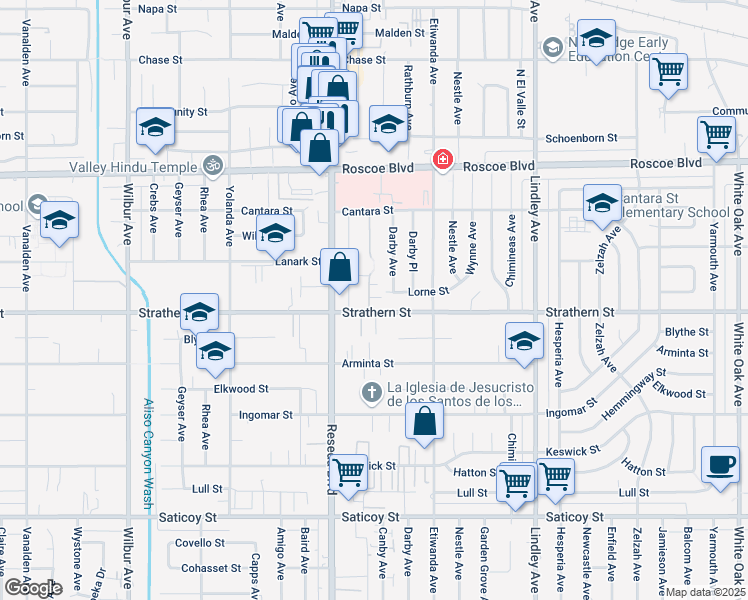 map of restaurants, bars, coffee shops, grocery stores, and more near 8011 Canby Avenue in Los Angeles
