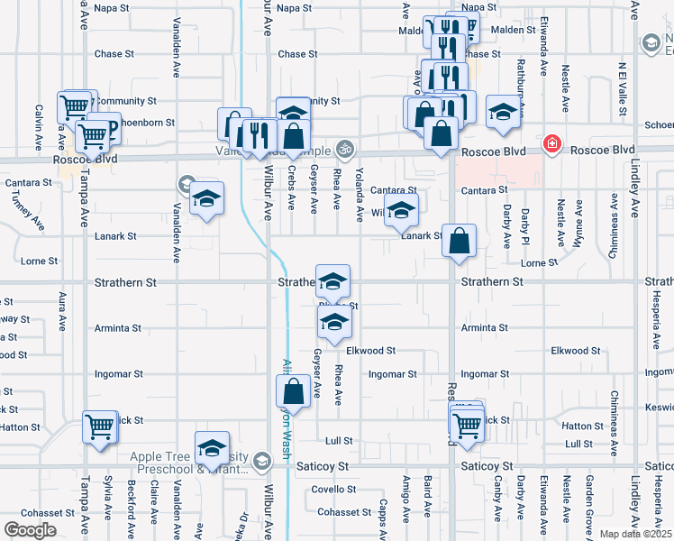 map of restaurants, bars, coffee shops, grocery stores, and more near 18765 Strathern Street in Los Angeles