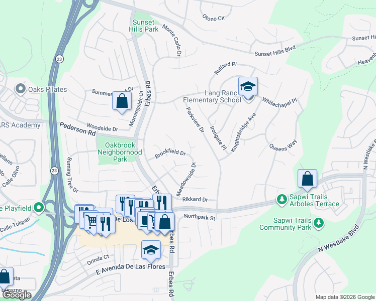 map of restaurants, bars, coffee shops, grocery stores, and more near 2762 Hilary Court in Thousand Oaks