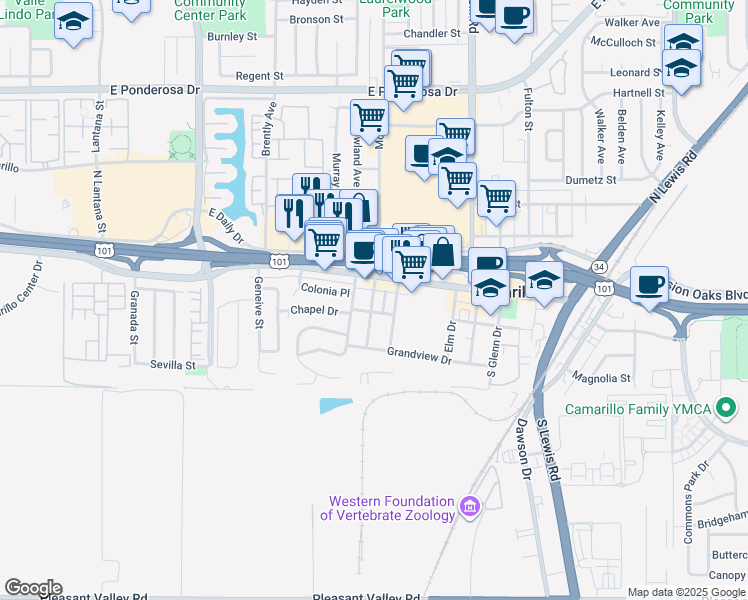 map of restaurants, bars, coffee shops, grocery stores, and more near 2050 Ventura Boulevard in Camarillo