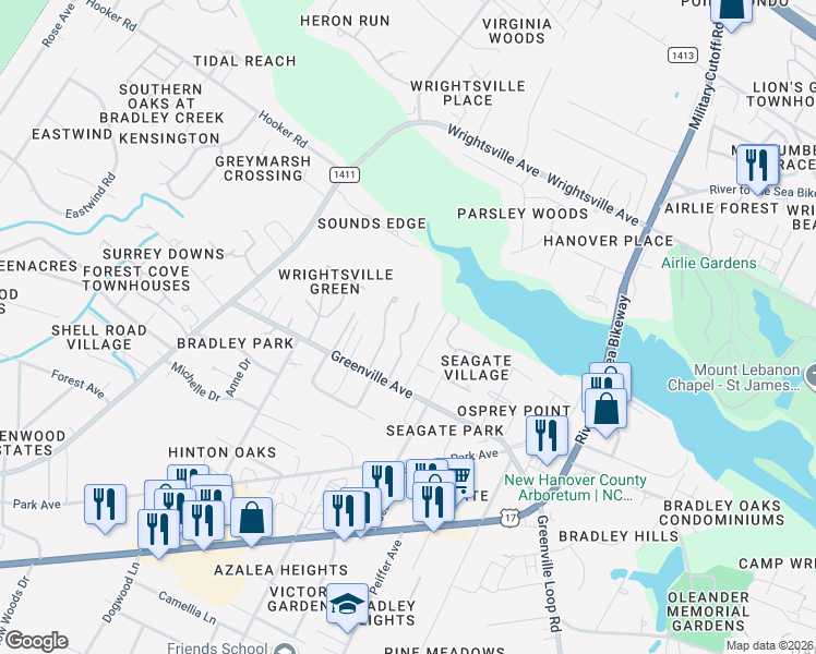map of restaurants, bars, coffee shops, grocery stores, and more near 238 Greenville Avenue in Wilmington