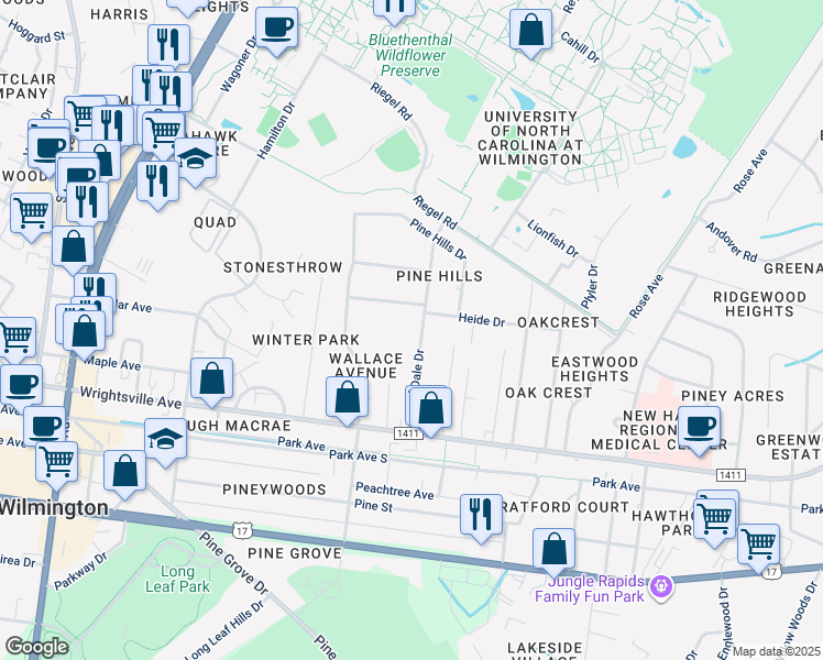 map of restaurants, bars, coffee shops, grocery stores, and more near 235 Wood Dale Drive in Wilmington