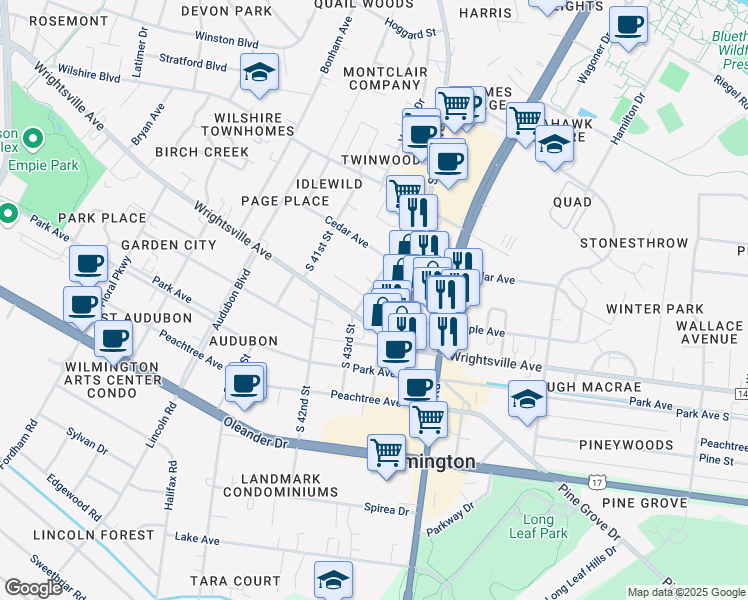 map of restaurants, bars, coffee shops, grocery stores, and more near 1021 South 43rd Street in Wilmington