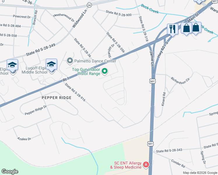 map of restaurants, bars, coffee shops, grocery stores, and more near 1300 Elk Lodge Court in Lugoff