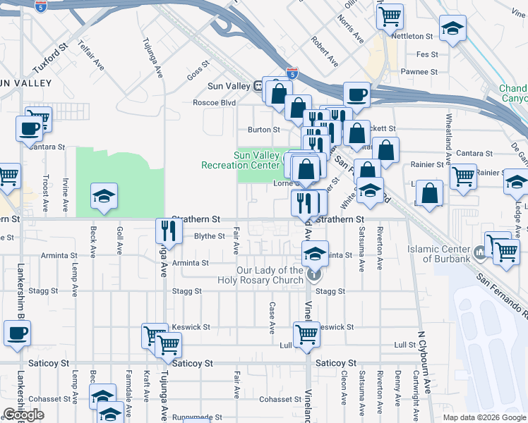 map of restaurants, bars, coffee shops, grocery stores, and more near 11111 Strathern Street in Los Angeles