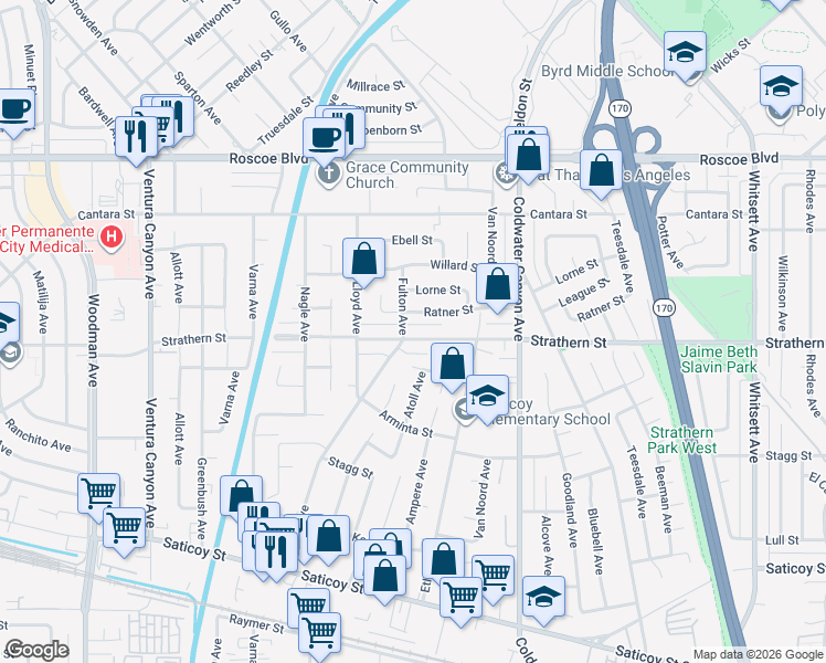 map of restaurants, bars, coffee shops, grocery stores, and more near 13069 Strathern Street in Los Angeles