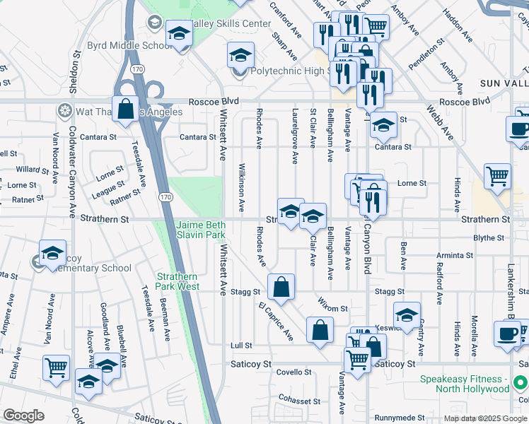 map of restaurants, bars, coffee shops, grocery stores, and more near 8006 Rhodes Avenue in Los Angeles