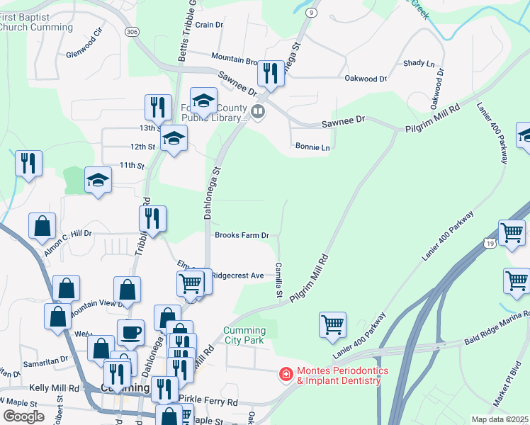 map of restaurants, bars, coffee shops, grocery stores, and more near 484 Broom Drive in Cumming