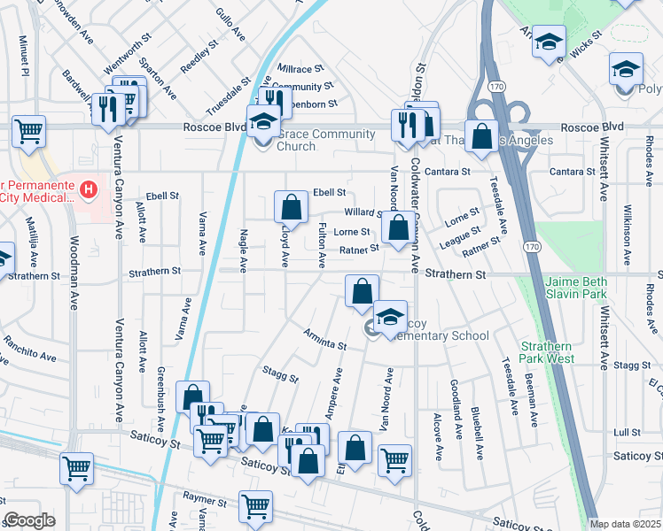 map of restaurants, bars, coffee shops, grocery stores, and more near 8019 Fulton Avenue in Los Angeles