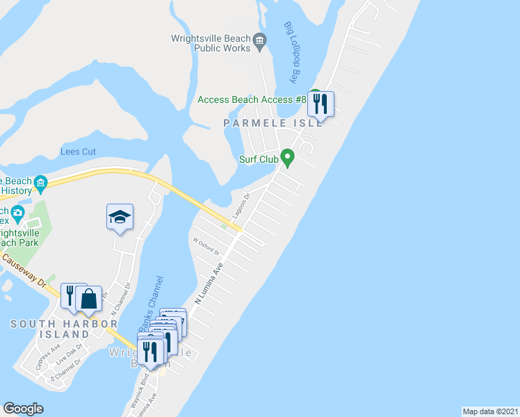 map of restaurants, bars, coffee shops, grocery stores, and more near 3 Shearwater Street in Wrightsville Beach