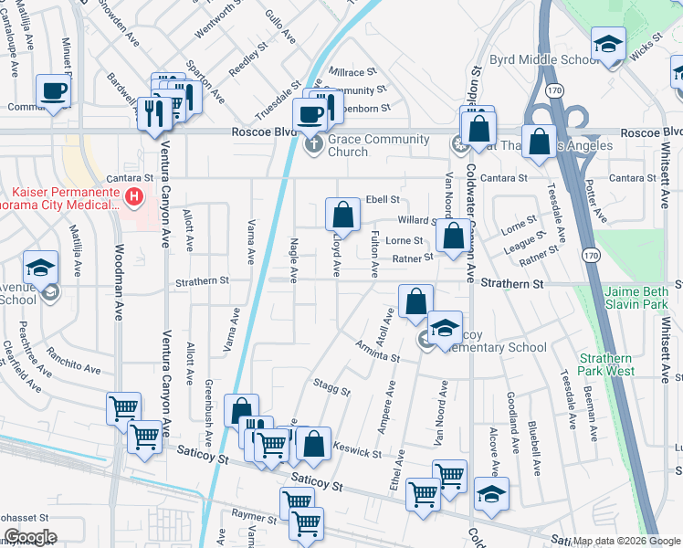 map of restaurants, bars, coffee shops, grocery stores, and more near 8006 Lloyd Avenue in Los Angeles