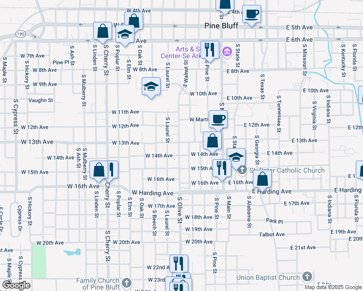 map of restaurants, bars, coffee shops, grocery stores, and more near 1303 South Olive Street in Pine Bluff