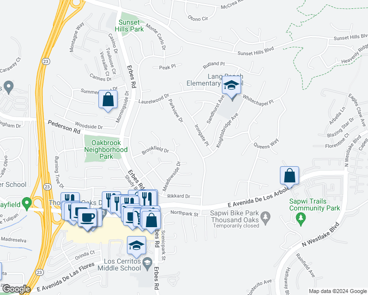 map of restaurants, bars, coffee shops, grocery stores, and more near 2744 Hilary Court in Thousand Oaks