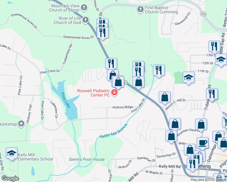 map of restaurants, bars, coffee shops, grocery stores, and more near North Corners Parkway in Cumming