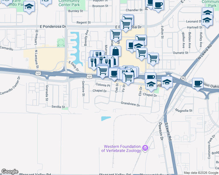 map of restaurants, bars, coffee shops, grocery stores, and more near 75 Cedar Drive in Camarillo
