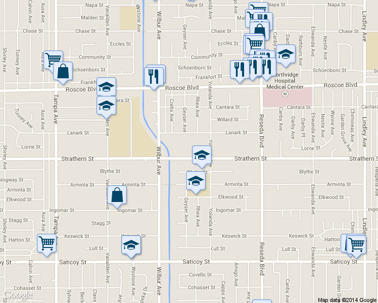 map of restaurants, bars, coffee shops, grocery stores, and more near 18765 Strathern Street in Los Angeles