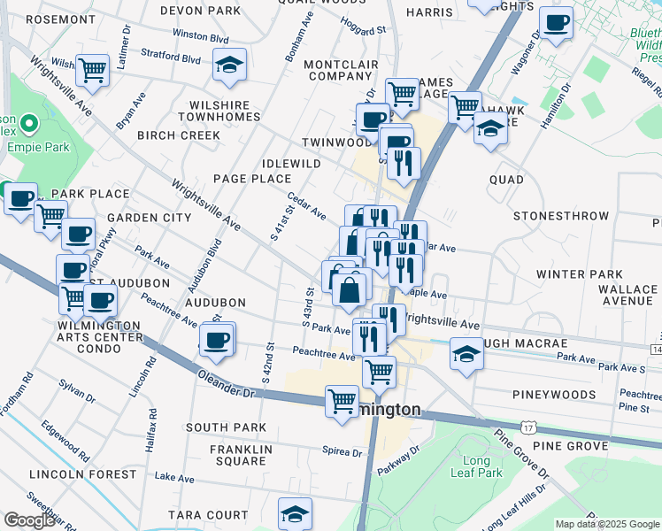 map of restaurants, bars, coffee shops, grocery stores, and more near 1021 South 43rd Street in Wilmington