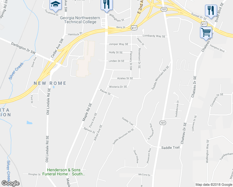 map of restaurants, bars, coffee shops, grocery stores, and more near 107 Pecan Street in Rome