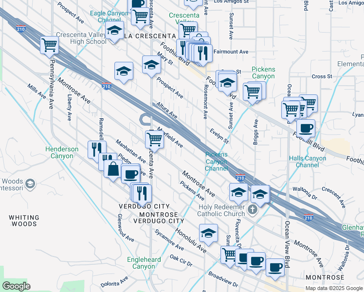 map of restaurants, bars, coffee shops, grocery stores, and more near Mayfield Avenue in La Crescenta-Montrose