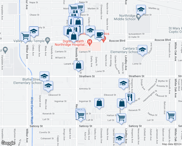 map of restaurants, bars, coffee shops, grocery stores, and more near 18350 Lorne Street in Los Angeles