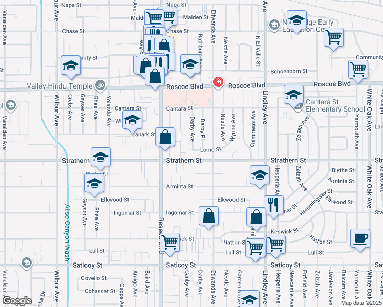 map of restaurants, bars, coffee shops, grocery stores, and more near 18350 Lorne Street in Los Angeles