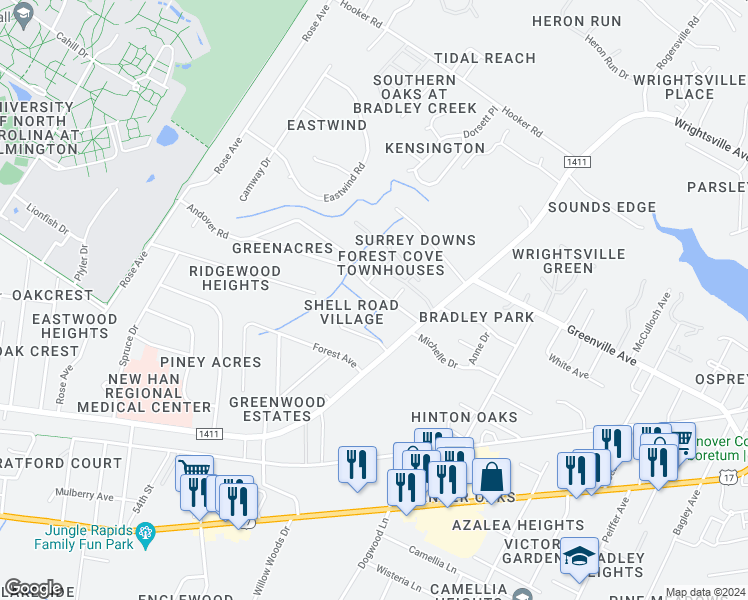 map of restaurants, bars, coffee shops, grocery stores, and more near 5610 Andover Road in Wilmington