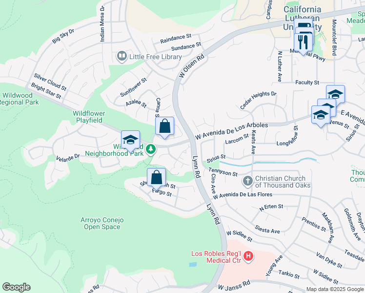 map of restaurants, bars, coffee shops, grocery stores, and more near 479 Serento Circle in Thousand Oaks
