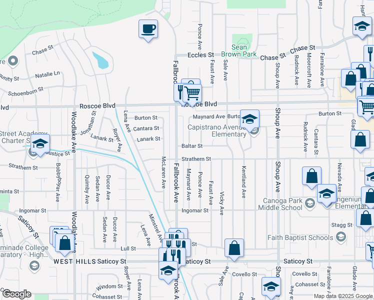 map of restaurants, bars, coffee shops, grocery stores, and more near 22734 Baltar Street in Los Angeles