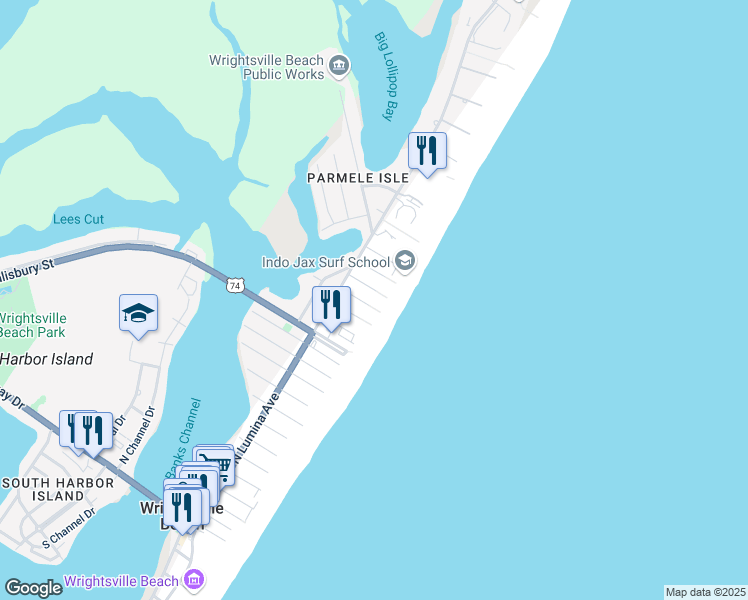 map of restaurants, bars, coffee shops, grocery stores, and more near 8 Sandpiper Street in Wrightsville Beach