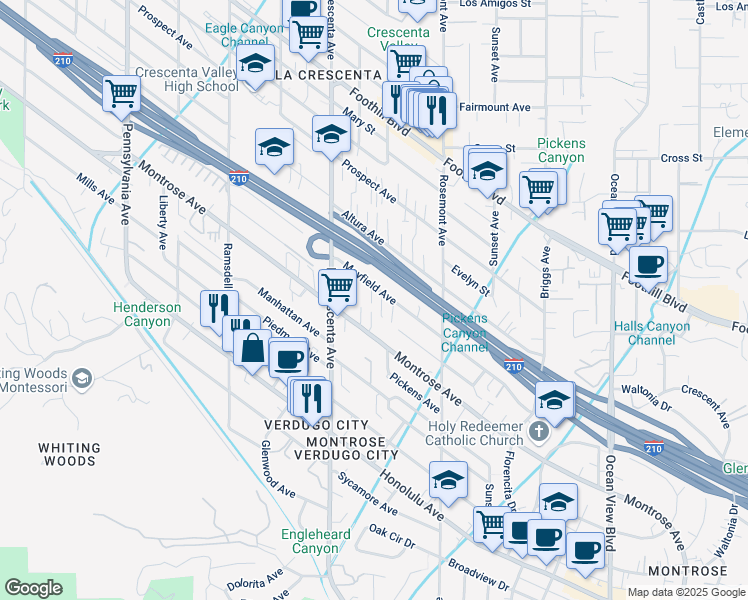 map of restaurants, bars, coffee shops, grocery stores, and more near 2665 Mayfield Avenue in La Crescenta-Montrose