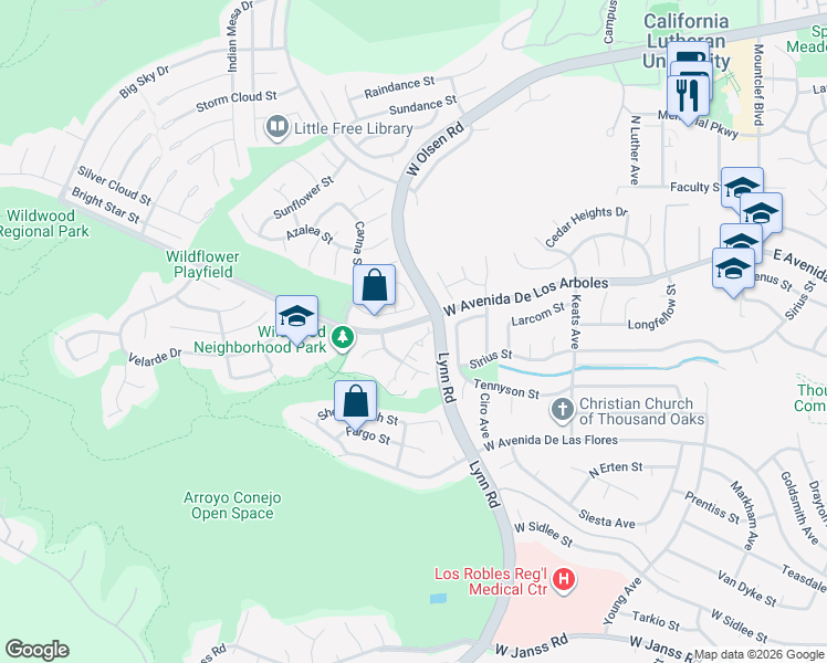 map of restaurants, bars, coffee shops, grocery stores, and more near 479 Serento Circle in Thousand Oaks
