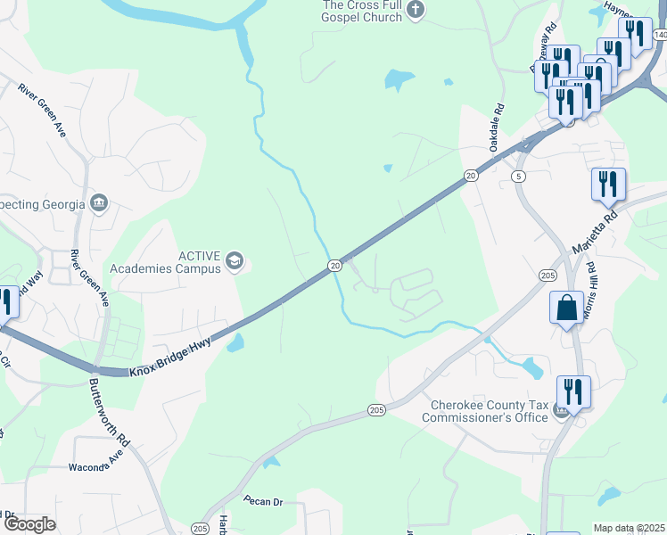 map of restaurants, bars, coffee shops, grocery stores, and more near Knox Bridge Highway in Canton