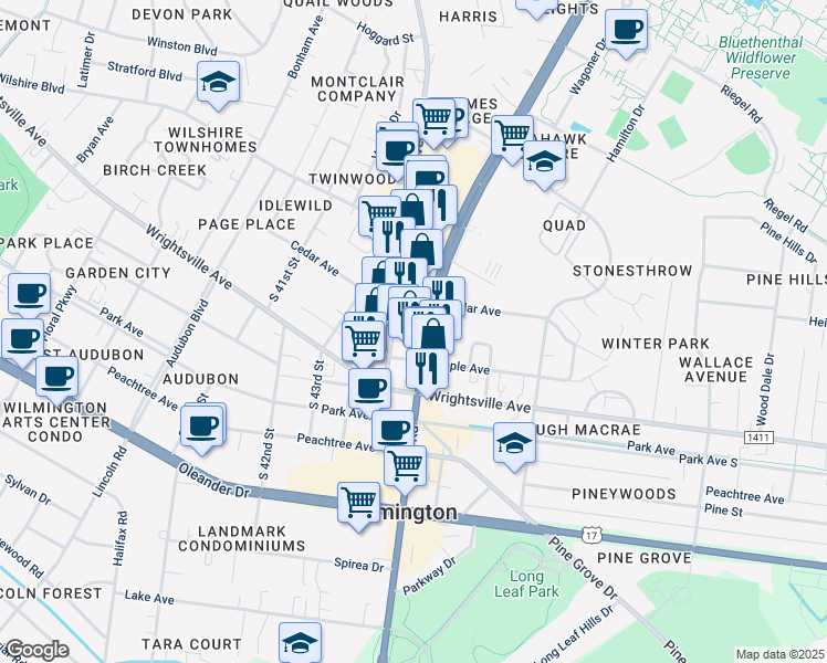 map of restaurants, bars, coffee shops, grocery stores, and more near 1016 South College Road in Wilmington